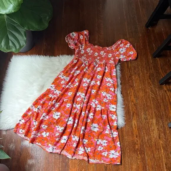 Orange & Pink Floral Print Dress Off the Shoulder - Picture 5 of 6